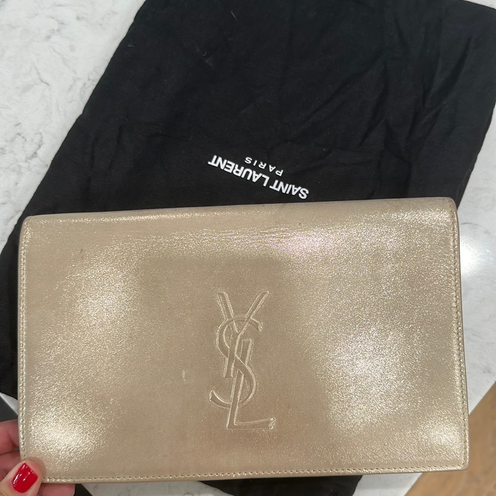 YSL Saint Laurent Paris light gold clutch, chic, holiday, classic!
